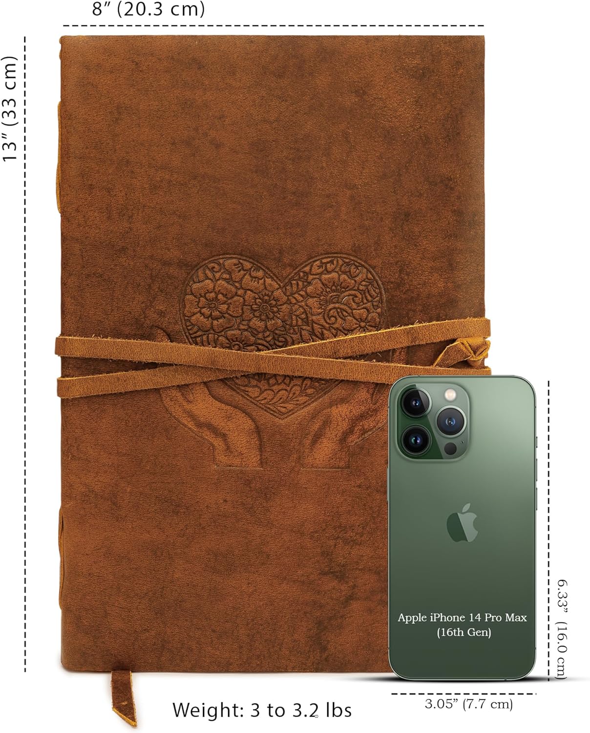 LUXEORIA Heart Journal for Women and Men, Handcrafted Leather Journal for Writing Womens, Sketchbook, Travel Diary with Unlined Deckle Paper, Tan 8x13