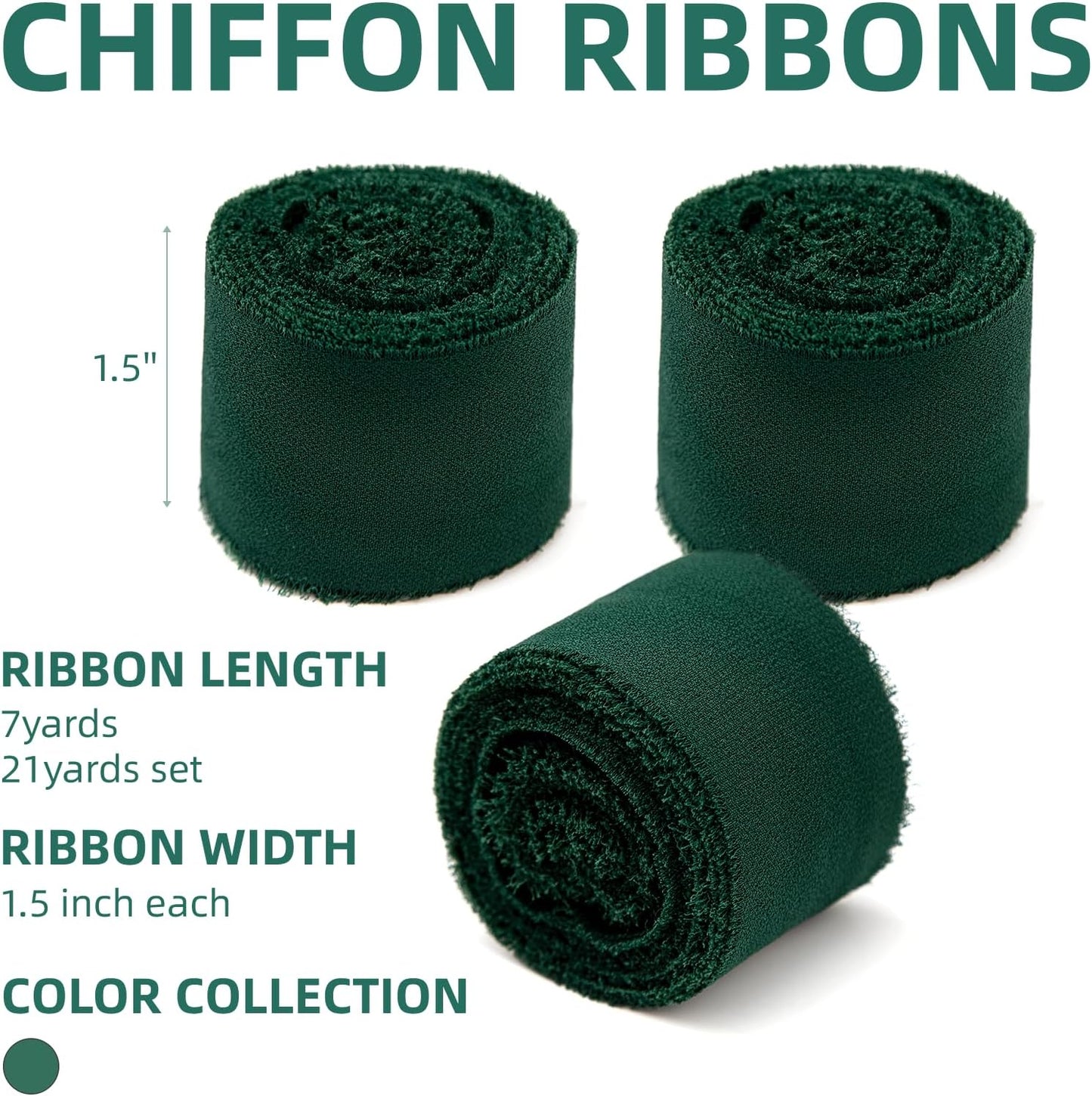 3 Rolls Dark Green Handmade Chiffon Ribbon,1.5" x 21Yd Frayed Fringe Silk Ribbons (3 Rolls *7Yd) for Gifts Wrapping, Wedding Invitations, Bridal Bouquets, Decorations