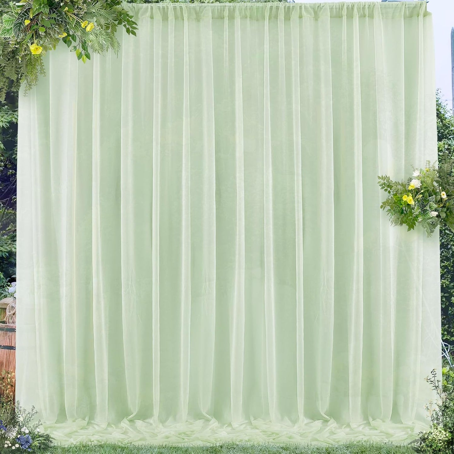 PARTISKY 10x7ft Sage Green Chiffon Backdrop Curtains, Wrinkle-Free Sheer Fabric Photo Drapes for Wedding Ceremony Arch Birthday Baby Shower Photography Stage Decor 5x7ft, 2 Panel