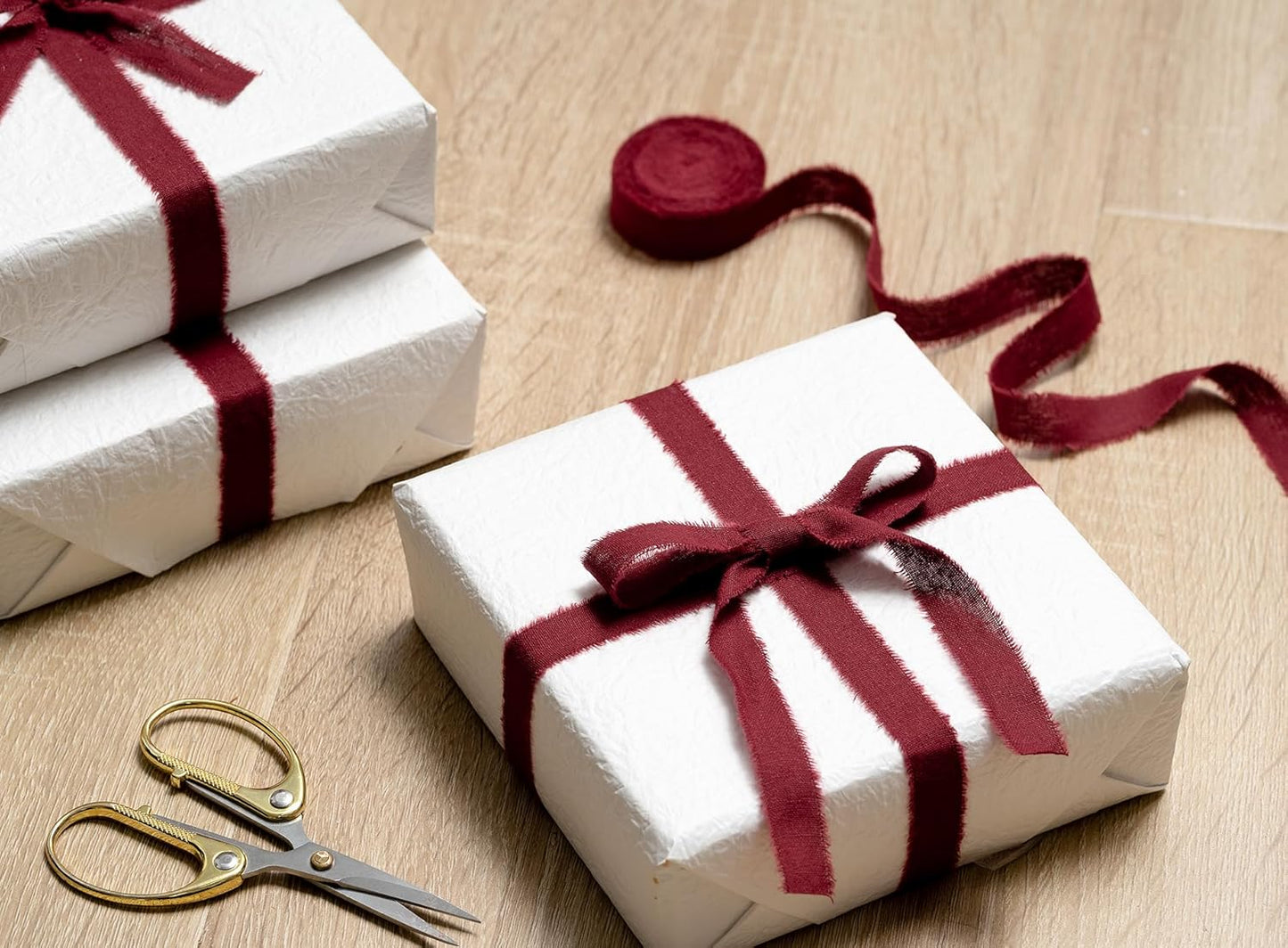 Burgundy Ribbon 5/8" x 21 Yards with Frayed Fringe Fabric Cotton Ribbons for Gift Wrapping Wedding Invitations Flower Bouquet Baby Shower