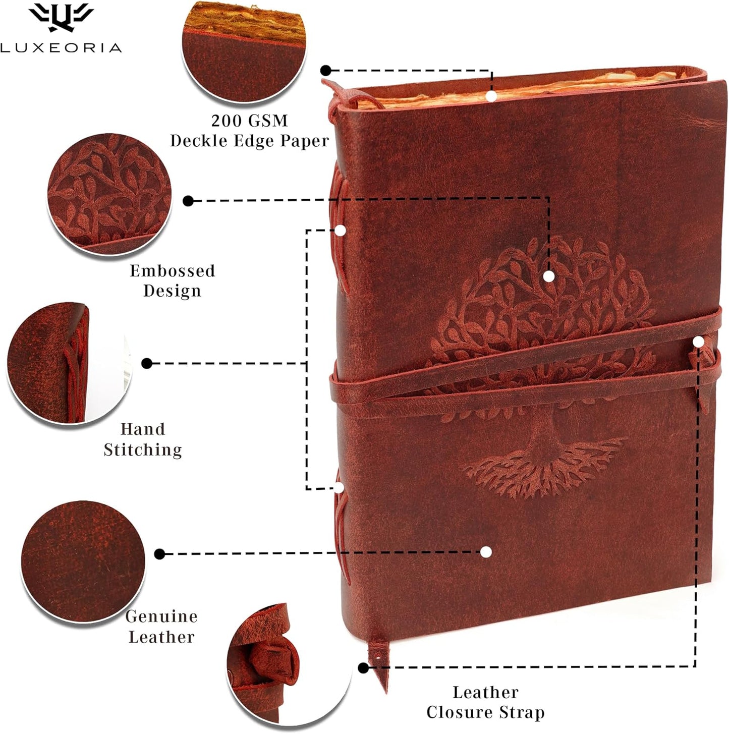 LUXEORIA Tree Of Life Leather Journal for Women and Men, Handcrafted Leather Journal for Writing Womens, Sketchbook, Travel Diary with Unlined Deckle Paper, Wine Red 7x10