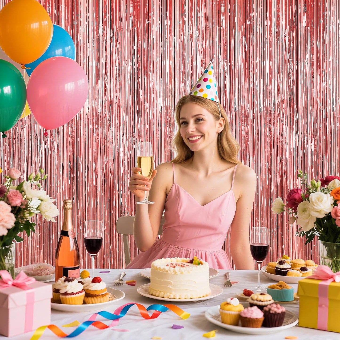 Rose Gold Tinsel Backdrop Birthday Decorations, 2Pack Foil Curtains Metallic Photo Backdrop Foil Fringe Curtains, Party Streamers Supplies for Wedding Xmas Graduation Bachelorette Disco Door Decors