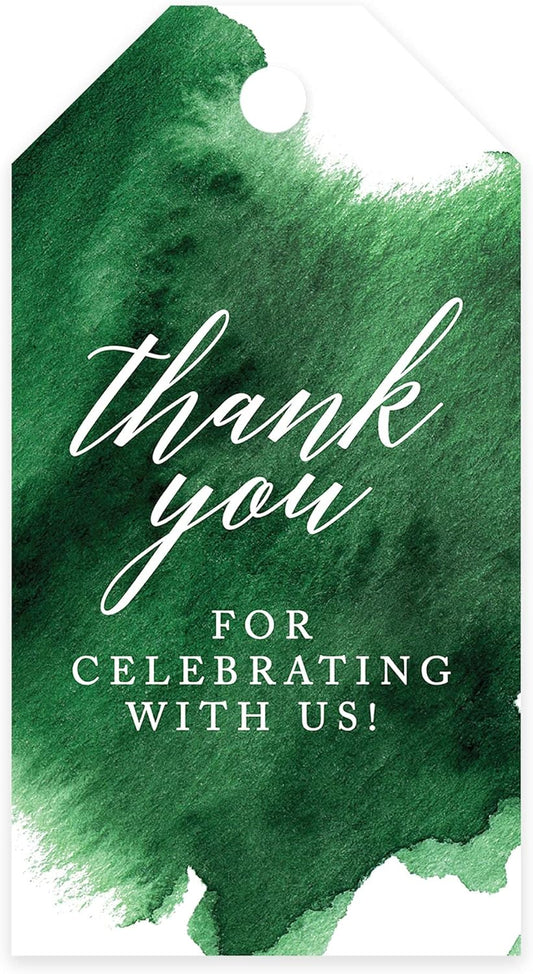 Andaz Press 100-Pack Thank You for Celebrating with Us Favor Tags Emerald Green Watercolor Cardstock Gift Tags with Bakers Twine for Wedding Baby Shower Bridal Shower Party Favors 2 x 3.75-Inches