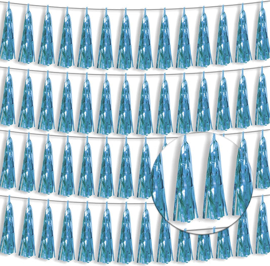 4P Light Blue Foil Fringe Tassel Banner Garland Metallic Tinsel Streamers Wall Hanging Curtain Backdrop Banner for Parade Floats, 2024 Graduation Decorations, Wedding Party Decoration