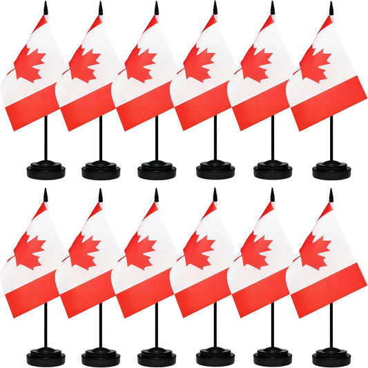 12 Pack Canada Desk Flags Set, Canadian Small Mini Table Office Flags With 12" Solid Black Pole, Black Base and Spear Top, Miniature Desktop Flag, Home Decoration, Office Decoration, Festival