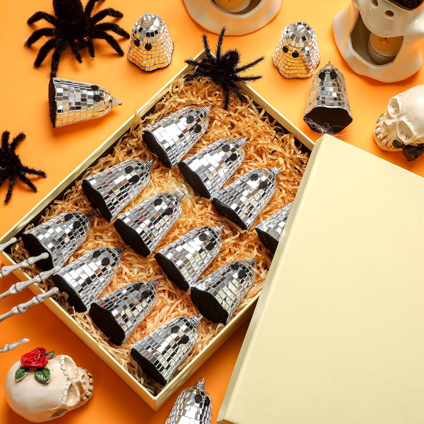 24 Pcs Halloween Disco Ghosts Decor Halloween Ornament Silver Mirror Disco Skeleton Tabletop Centerpiece for Holiday Cosplay Home Props Gift Party Decorations (Sliver)