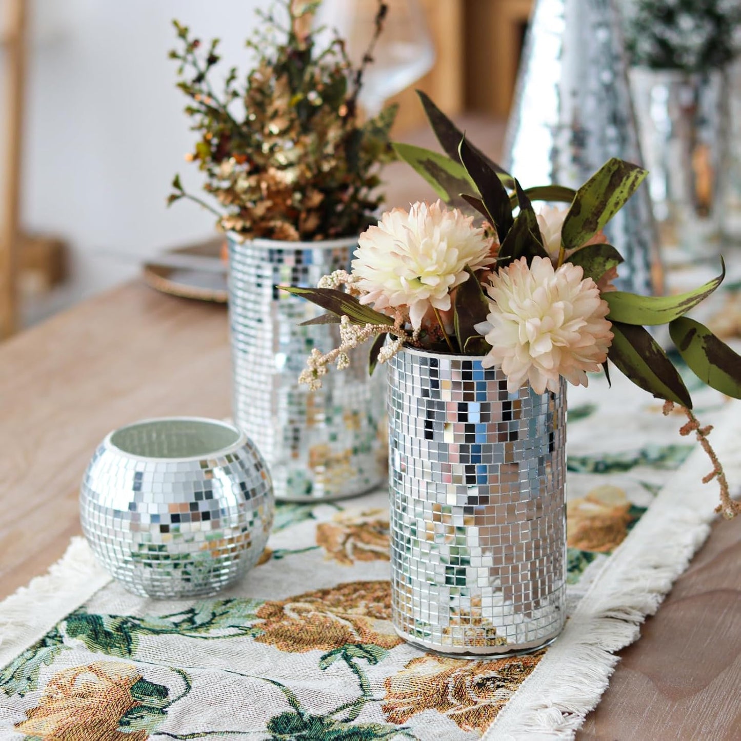 WDHODEC 6 Pcs Disco Vases Bulk Silver Mirror Disco Ball Flower Vase Glass Candle Holder for Wedding Table Centerpieces Decoration 6"