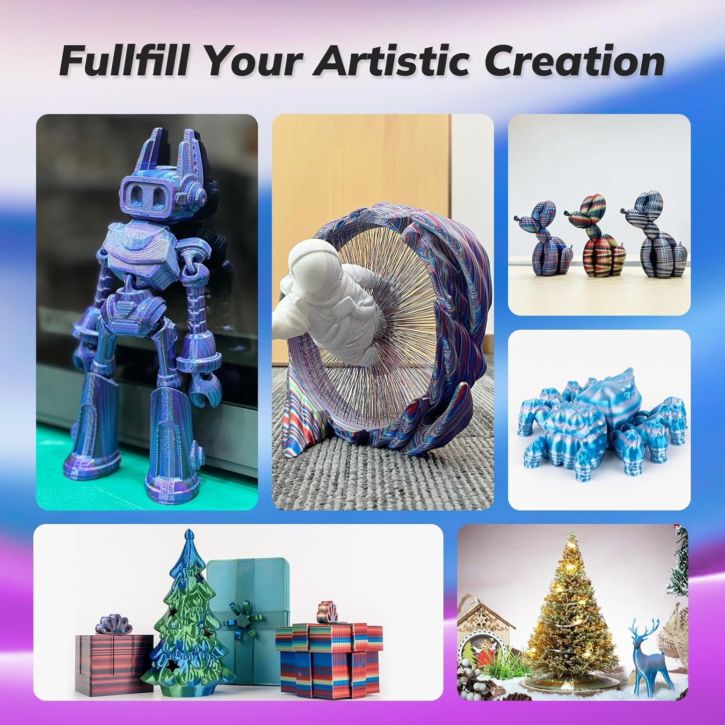 AMOLEN Silk PLA 3D Printer Filament, Shiny Multicolor Rainbow PLA Filament 1.75mm, Fast Color Change PLA 3D Printing Filament for Most FDM 3D Printer, Magenta Pink Blue White, 1kg (2.2lbs)