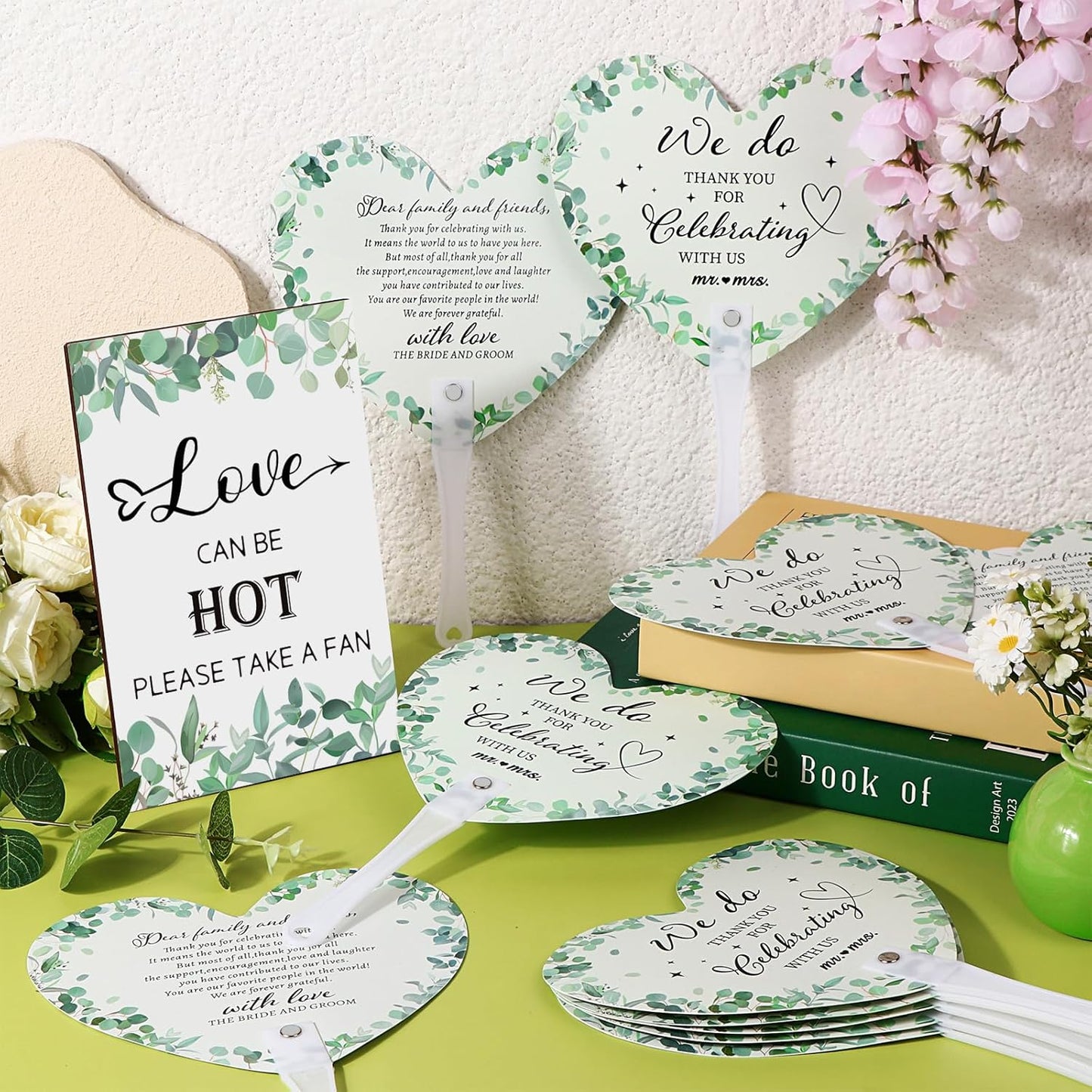 60Pcs Wedding Fan Gifts for Guests Greenery Handheld Fan with 1 Wedding Table Sign, Greenery Wedding Favors Thank You Fans for Guests Hostess Gifts Plastic Handheld Heart Shape Fan Green Leaf Pattern