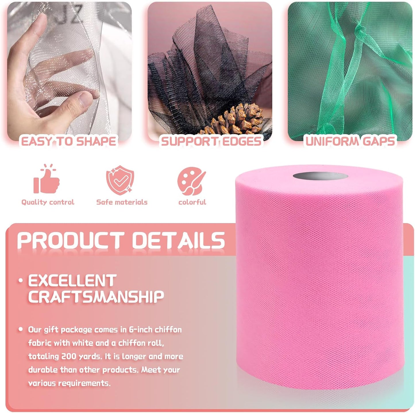 6" x 200 Yards Pink Tulle Fabric Rolls, Pink Spool Tulle Ribbon for DIY Tutu Skirt Wedding Decoration Baby Shower Birthday Party Backdrop Gift Wrapping Bow Craft Supplies