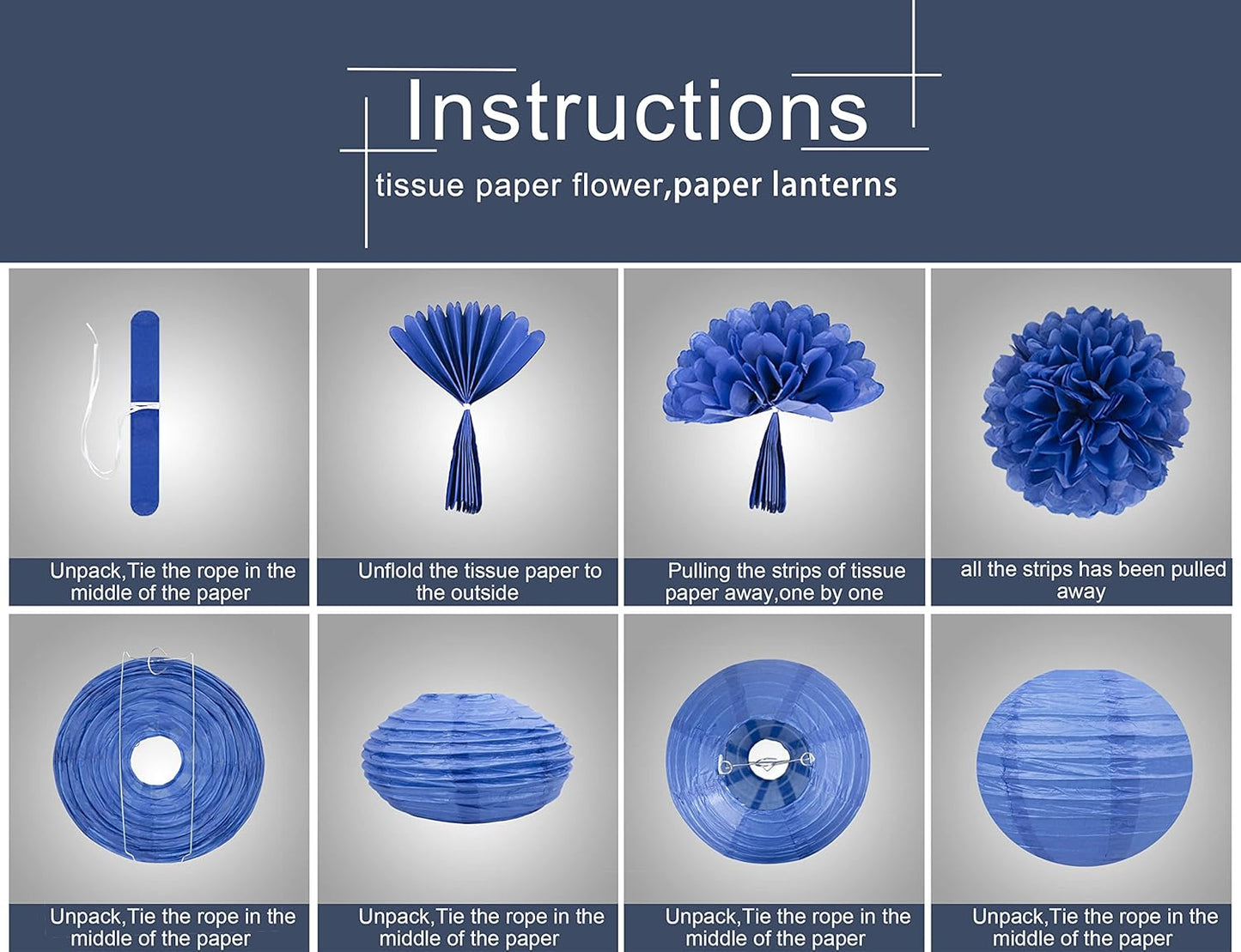 Rose-Gold Navy-Blue Pink Party Decorations - 18pcs Gender Reveal Decor,Tissue Pom Poms Event Supplies,Paper Flowers,Paper Lanterns,Baby Shower decoration,Birthday,Engagement,Bachelorette,Wedding