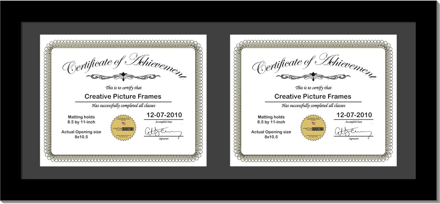 Creative Picture Frames 10X24Bk-B Black Horizontal Double Diploma Frame With 2 Opening Black Mat, Holds 2-8.5 By 11-Inch Documents With Wall Hanger