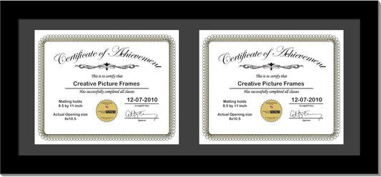 Creative Picture Frames 10X24Bk-B Black Horizontal Double Diploma Frame With 2 Opening Black Mat, Holds 2-8.5 By 11-Inch Documents With Wall Hanger