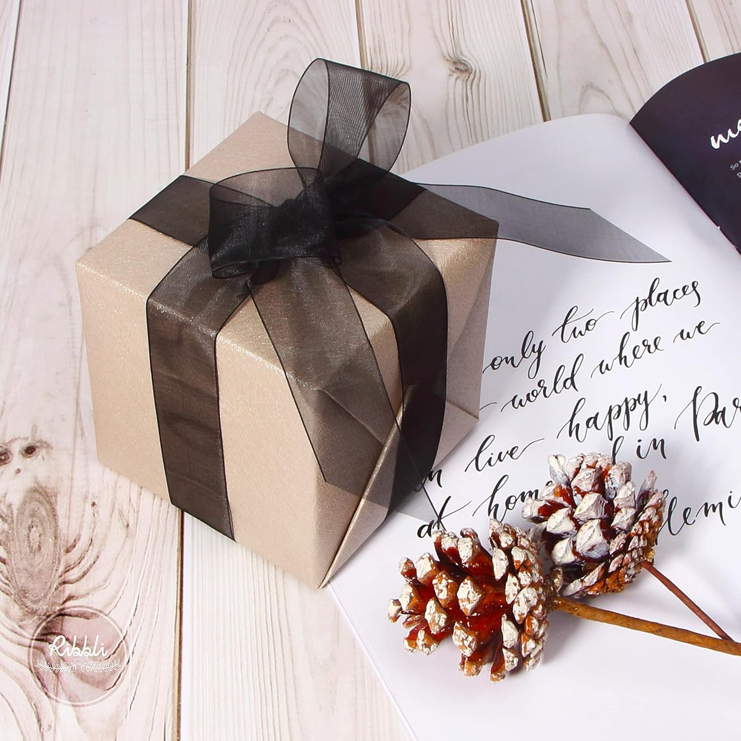 Ribbli Black Sheer Organza Ribbon,1 Inches x Continuous 50 Yard Use for Gift Wrapping,Bouquet Wrapping,Wedding Decoration,All Crafting and Sewing