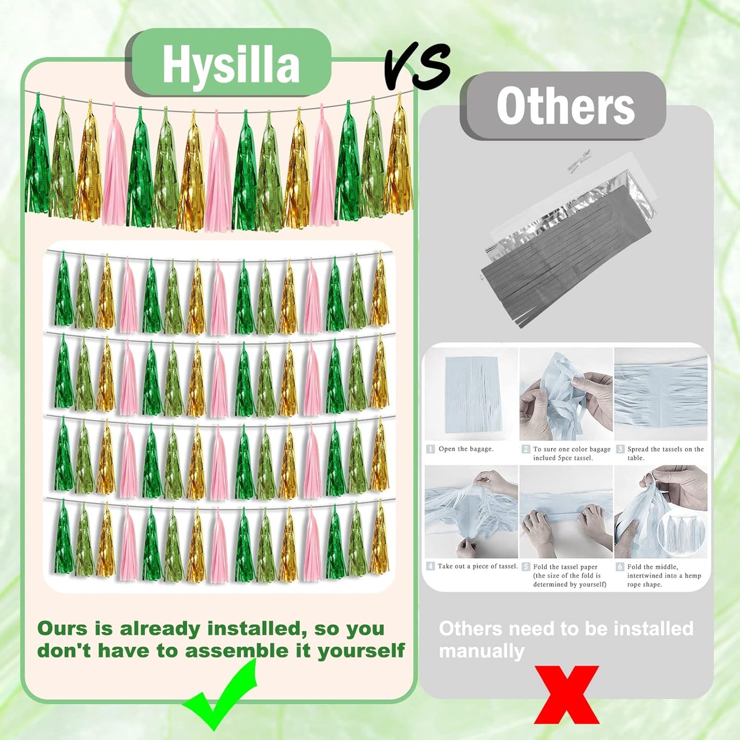 4P Pink-Gold Sage-Green Party-Decorations Foil Fringe Metallic Tassel Streamers Banner Tassel Garland for Parade Floats, Birthday, Bachelorette, Wedding, Halloween, Christmas