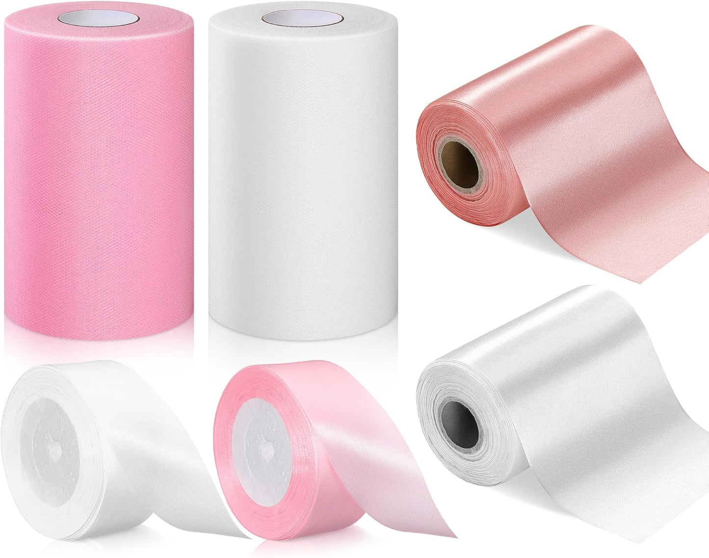 6 Pcs Tulle Fabric Rolls & Ribbon Set, Include Pink White Tulle Fabric Rolls 6 Inch by 100 Yards 3.9'' /1.5'' White Pink Ribbon for Wedding Bridal Shower Birthday Party DIY Tutu Skirt