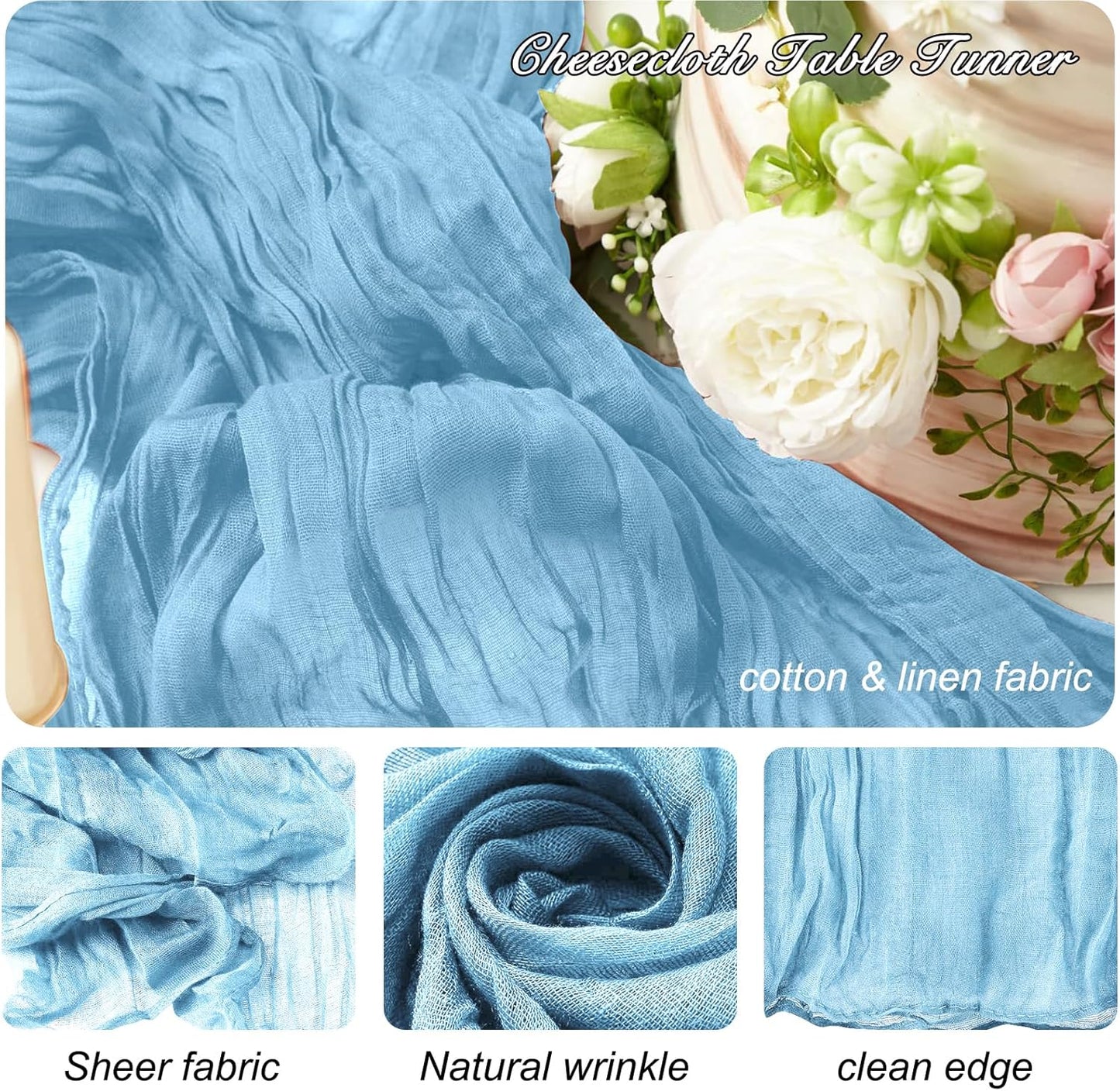 8 Pack 10Ft Table Runner 35x120 inch Baby Blue Boho Gauze Table Cheese Cloth Long Wrinkled Sheer Table Runner for Wedding Bridal Shower Birthday Party Table Decor