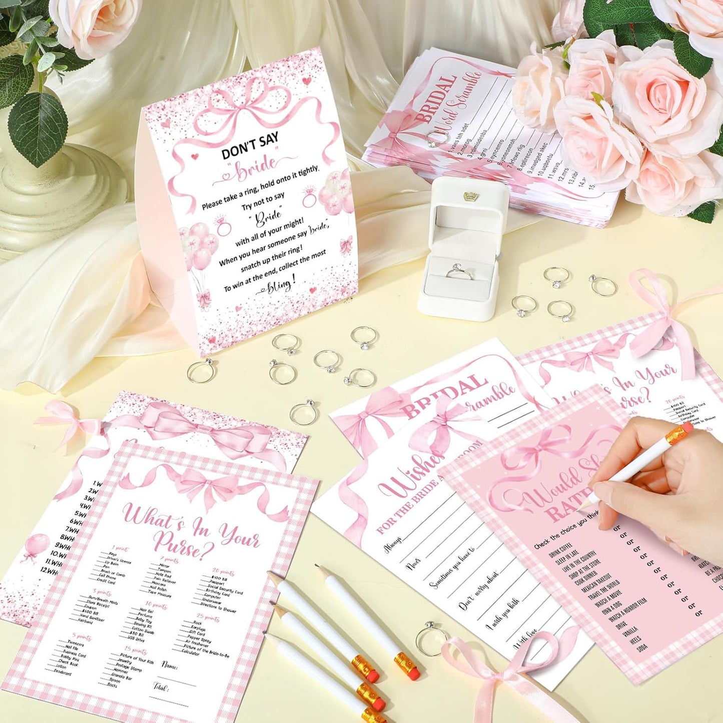 Estune 331 Pcs Bridal Shower Games Supplies, 5 Sets 250 Pcs Wedding Cards 1 Put a Ring on It Bridal Shower Games with 60 Rings and 20 Pencils (Coquette Pink Bow)