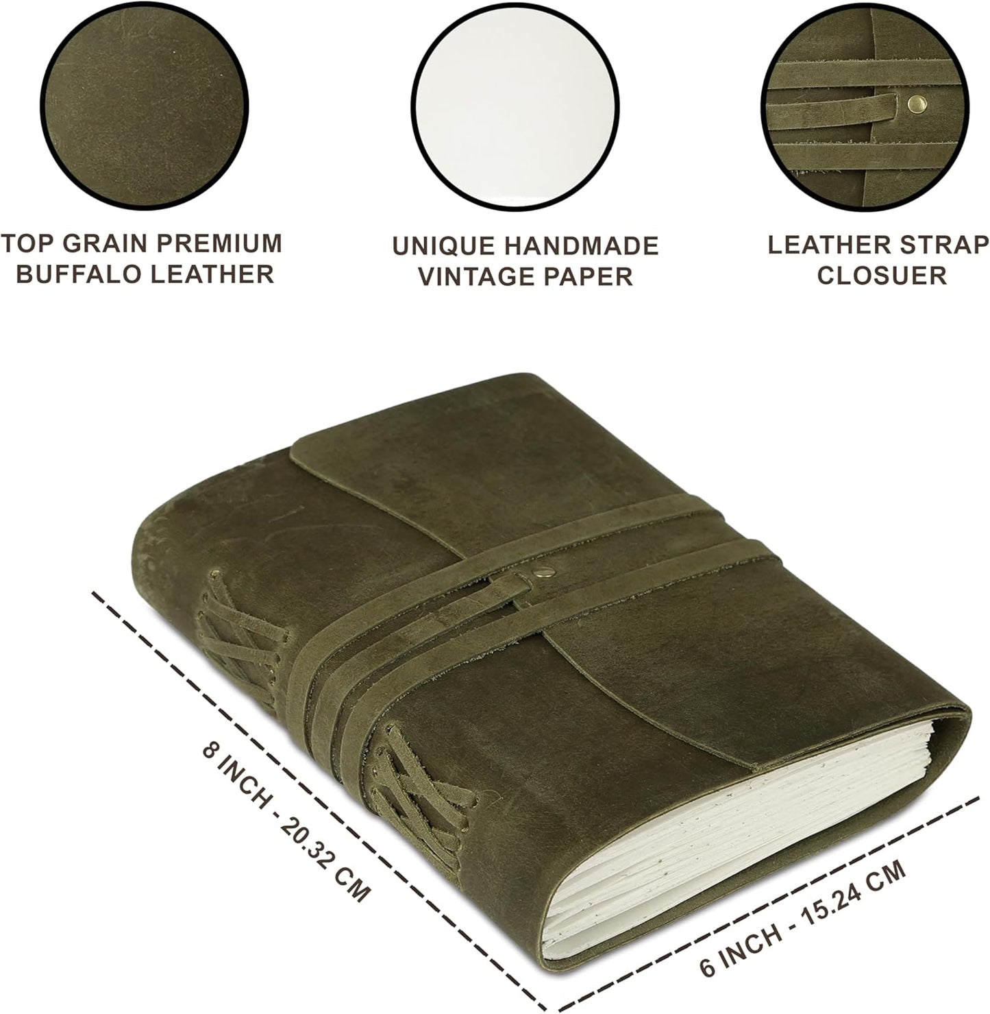 Handmade Leather Journal 8x6 Inch | Green Vintage Notebook with Unlined Paper | Cotton Recycled Paper | Antique Travel Diary, Sketchbook, Writing Journal for Men & Women