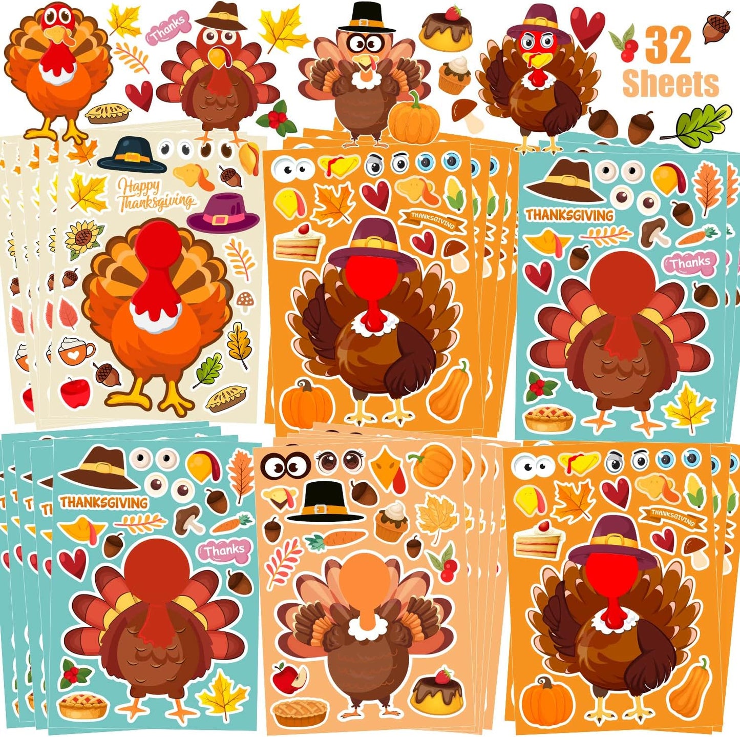 32 Sheets Thanksgiving Stickers, Thanksgiving Crafts for Kids, Make-A-Turkey Stickers for Kids Thanksgiving Party Favors Decorations Games Supplies