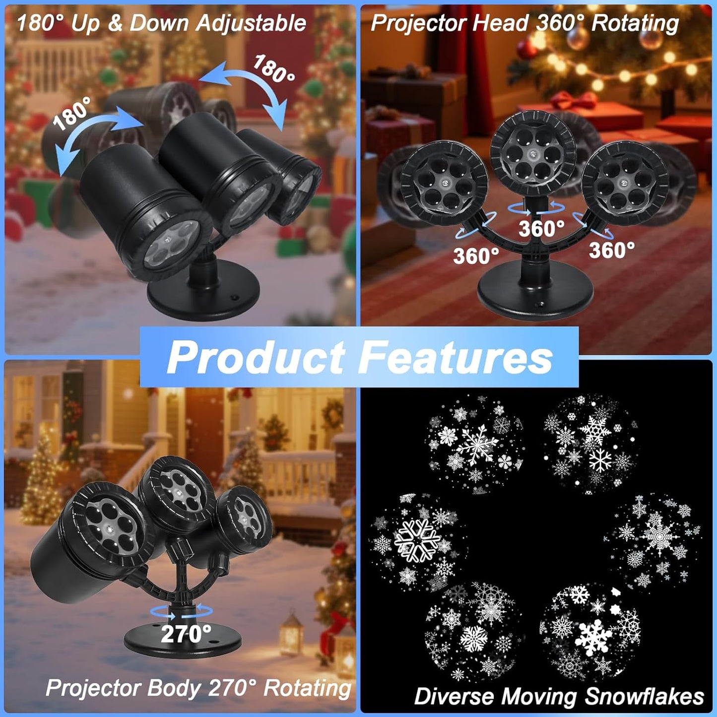 Christmas Snowflake Projector Lights Outdoor, Timing Mode Upgrade 3-Head Snowflake Projector, Waterproof Landscape Lighting Projection Lamp for Xmas Holiday Party Yard Garden Wedding