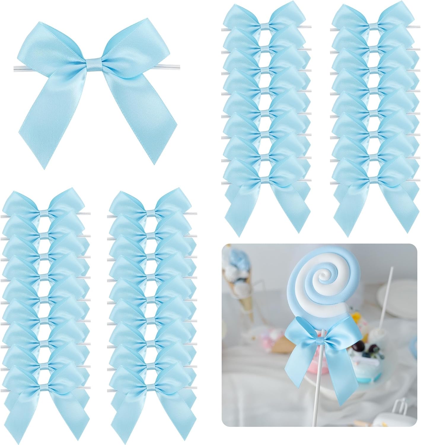3.5" Blue Bow Satin Pre-Tied Bows for Gift Wrapping, Small Bows for Crafts, Premade Bows, Candy Apple Bows, Twist Tie Bows for Cake Decorating, Party Favor, Wedding Decoration-36 Counts