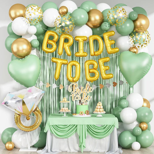 Sage Green Bachelorette Party Decorations, Bride To Be Helium Mylar Foil Letter Balloons with White Gold Camp Latex Balloons and for Bridal Shower Decoration Engagement Hen Wedding Party Decor