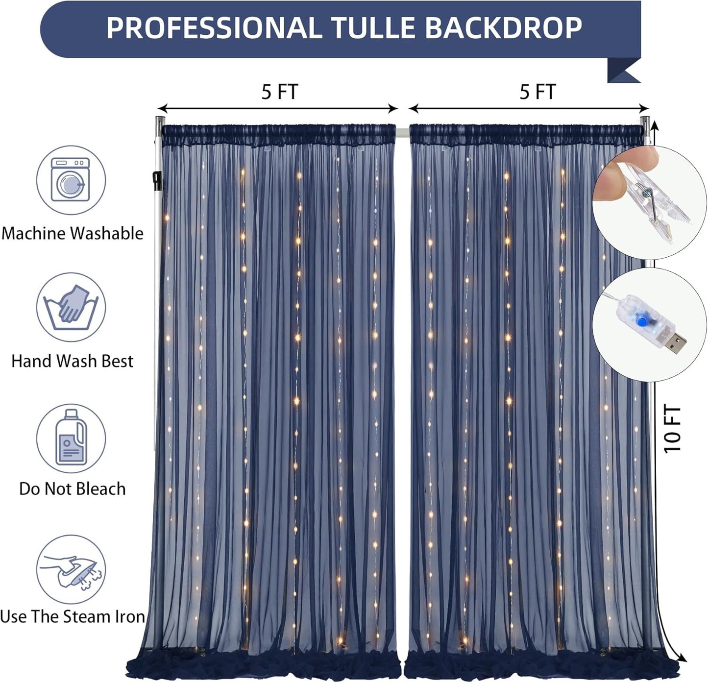 10×10ft Navy Blue Tulle Backdrop Curtain with Lights String for Parties, Sheer Photo Backdrop Curtains for Wedding Party Photography Background