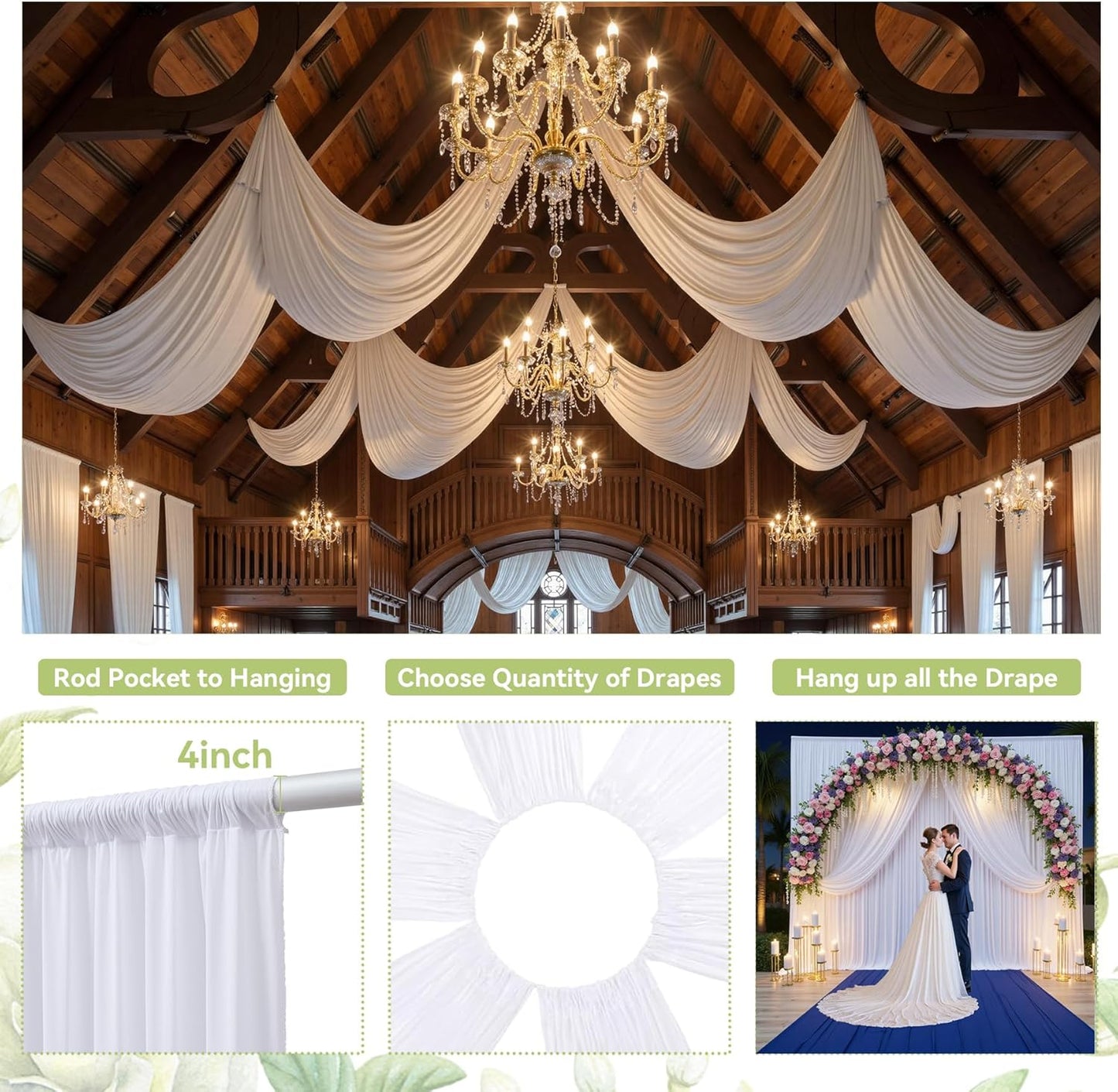 PartyVillage 50ft×15ft White Backdrop Curtain for Wedding Parties, 10 Panels Wrinkle Free 15 FT Long Polyester Photo Backdrop Drapes Back Drop Cloth for Birthday Photography Background