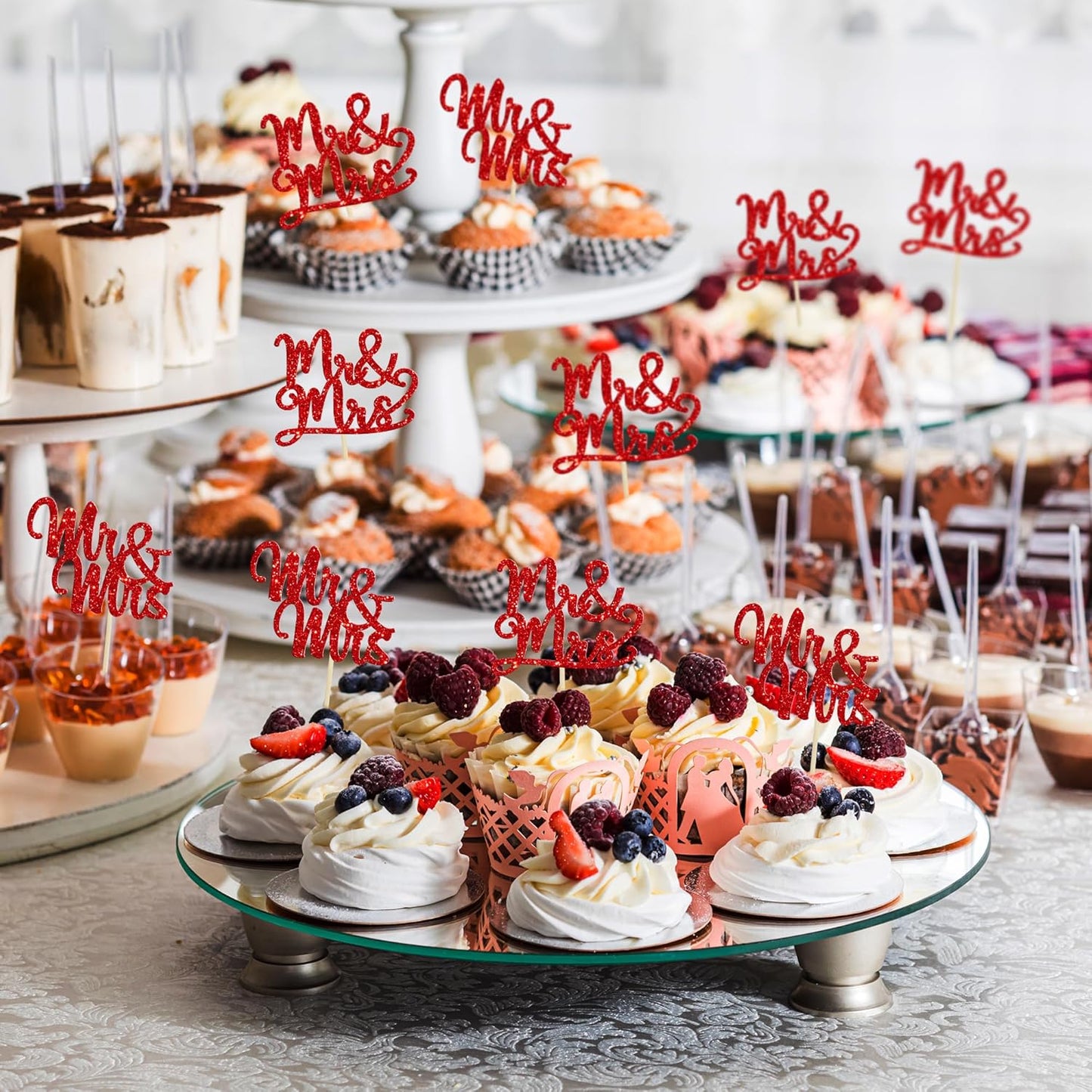Gyufise 36Pcs Mr & Mrs Cupcake Toppers Glitter Bridal Shower Cupcake Picks for Wedding Engagement Birthday Anniversary Party Cake Decorations Supplies Red