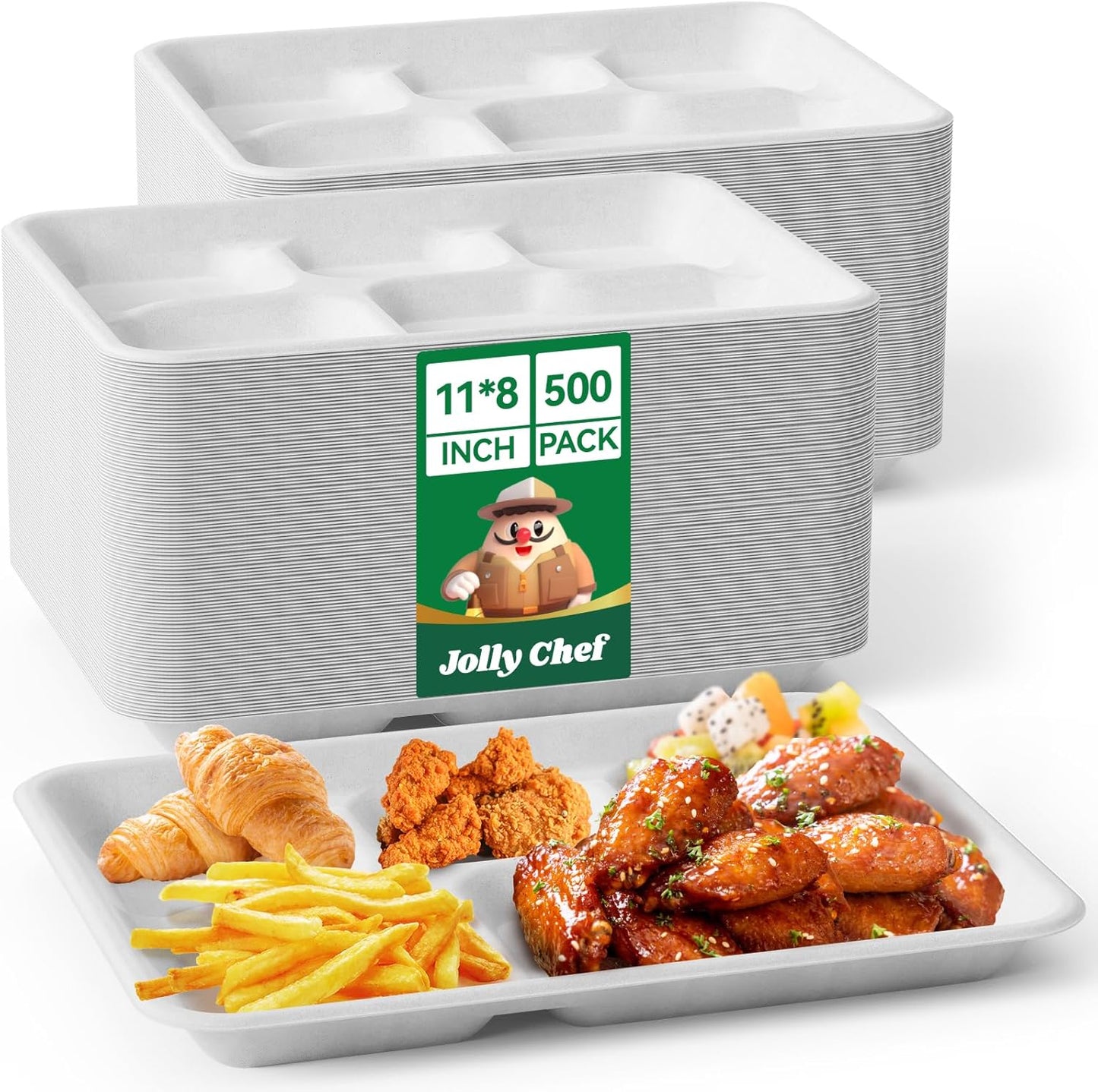 JOLLY CHEF Compostable 𝟱 Compartment Paper Plates 𝟭𝟭 * 𝟴 𝗶𝗻𝗰𝗵 [𝟱𝟬𝟬 𝗣𝗮𝗰𝗸] Heavy Duty White Divided Disposable Plate Eco-Friendly Biodegradable Container Food Trays for Party Lunch Buffet