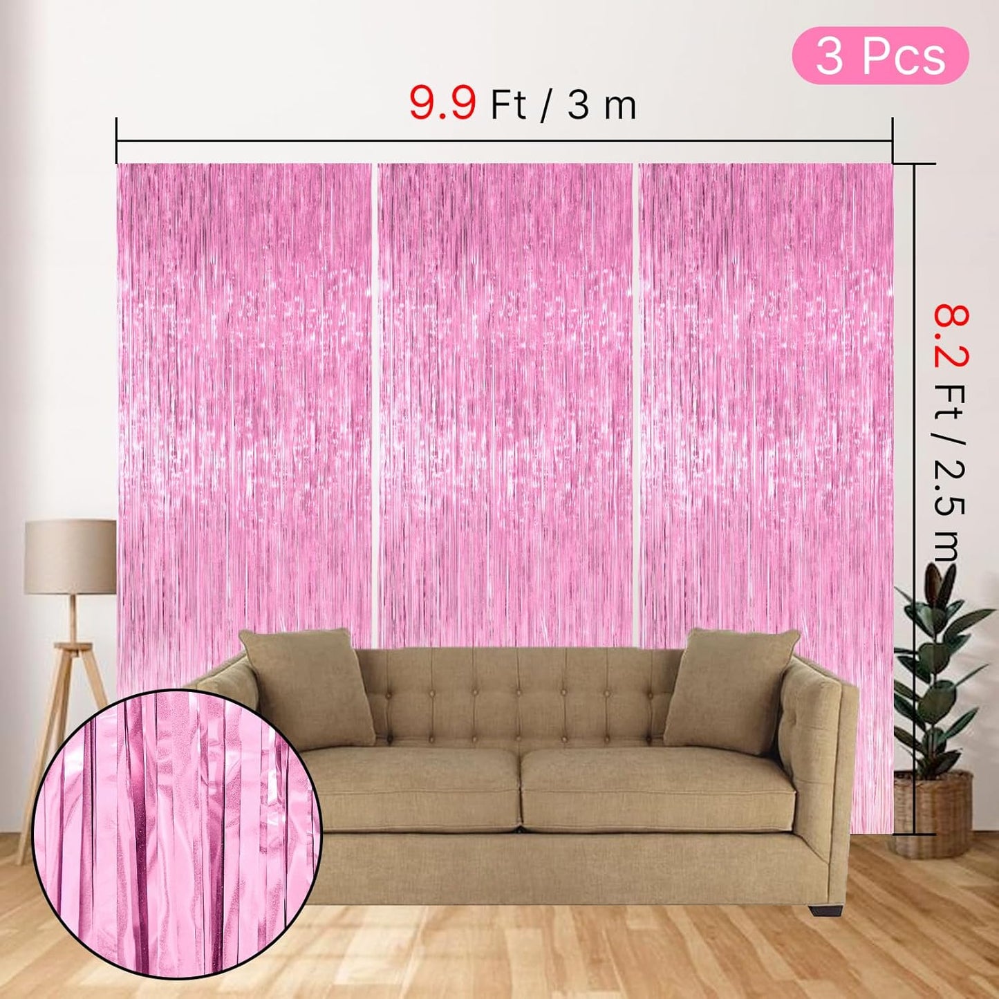PartyWoo Pink Streamers Tinsel Backdrop Curtain 3pcs 8.2ft Foil Fringe Curtain for Baby Shower Bridal Shower Wedding Pink Cheetah Princess Girl Pajama Theme Birthday Party Celebration Decorations