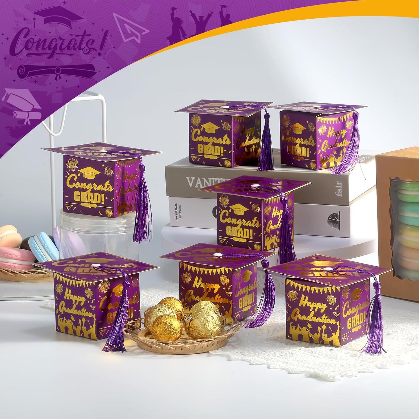 COTOPHER 36 Pack Mini Graduation Cap Gift Boxes, Class of 2025 Graduation Candy Boxes with Tassel, Small Treat Chocolate Box Centerpieces for Tables Party Decorations Graduate Favors Supplies