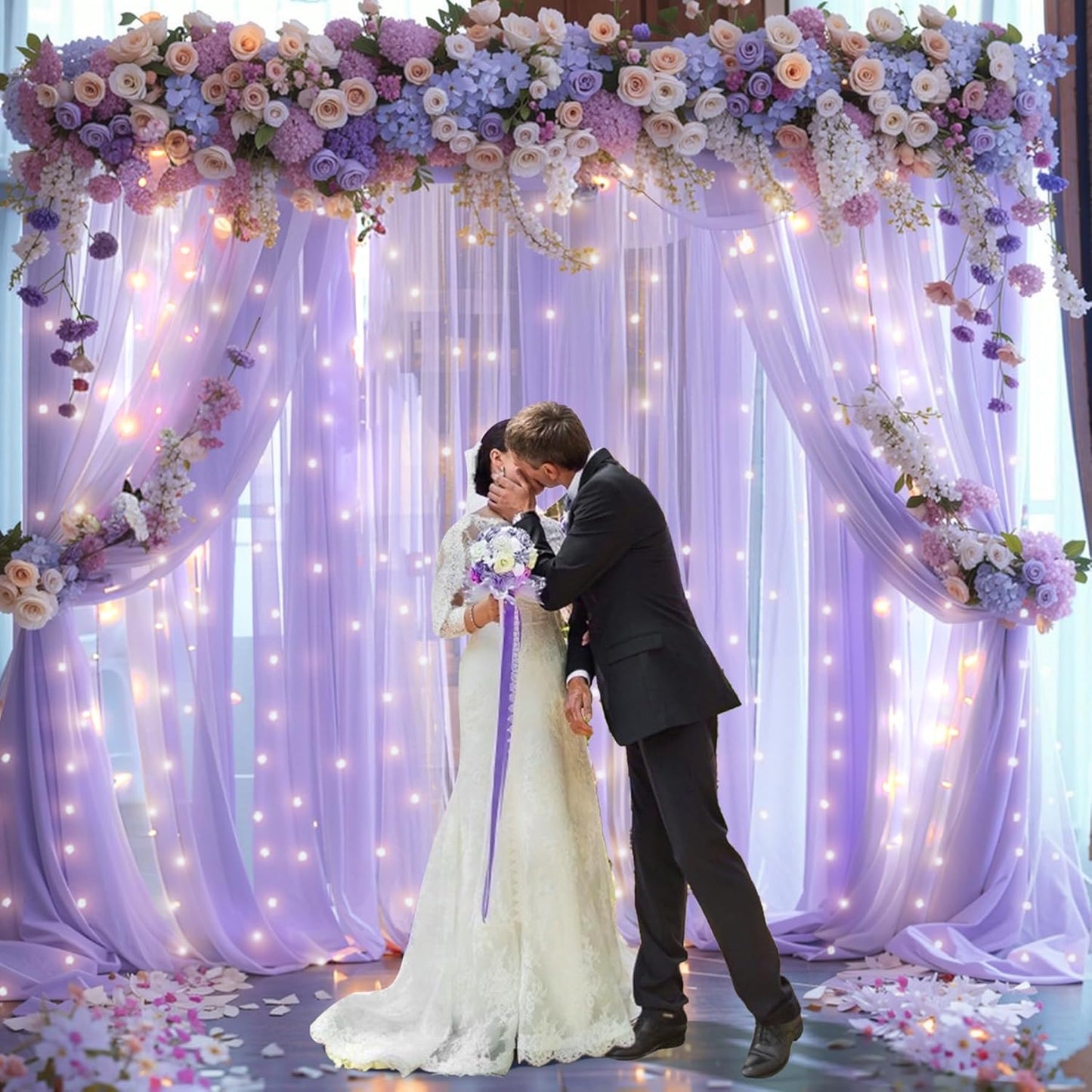 10x10ft Lavender Chiffon Backdrop Curtain with Lights for Wedding Baby Shower, Light Purple Curtain Backdrop with Lights for Birthday Party Gender Reveal Photo Shoot (5 x 10ft,2 Panels)