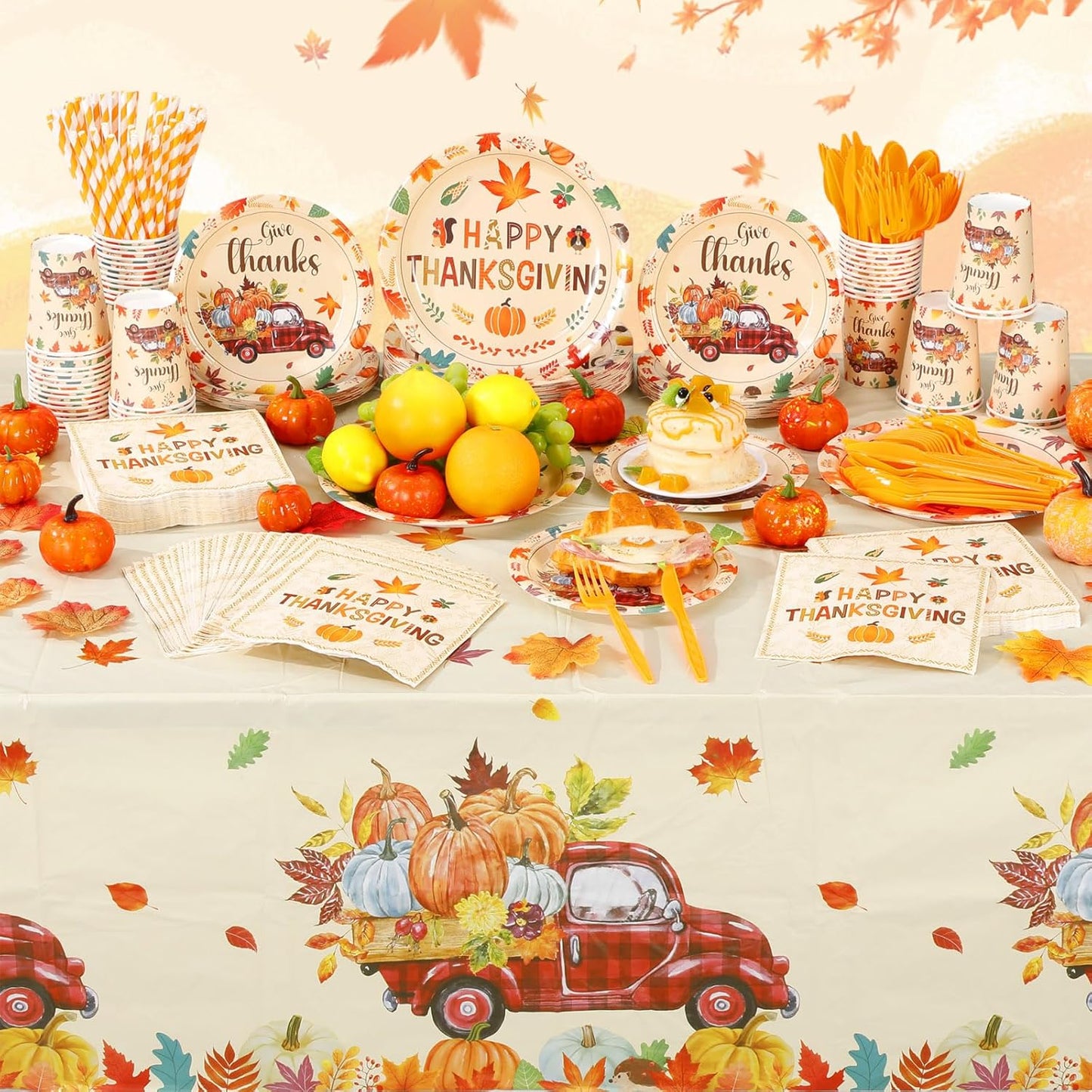 452 Pcs Happy Thanksgiving Party Decorations for 50, Pumpkin Leaves Turkey Give Thanks Paper Plates Napkins Cups Tablecloth Cutlery Straws for Fall Harvest Thanksgiving Theme Party Supplies