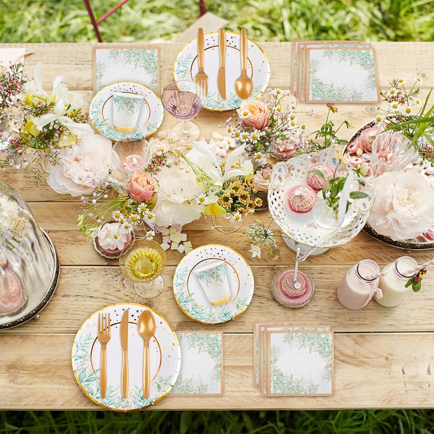 280 Pcs Greenery Plates and Napkins Party Supplies - Serves 35 People - Sage Green Gold Paper Plates Party Cups Forks Knives Spoons Straws Greenery Theme for Baby Showers, Bridal Showers, Tea Parties