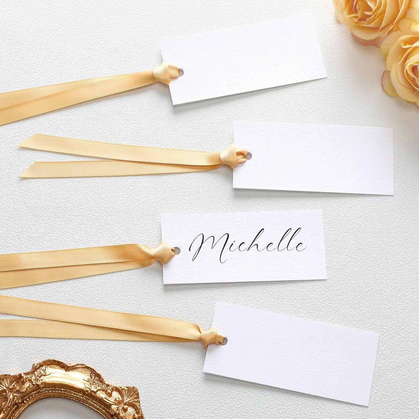 50 Pcs Name Place Cards for Table Setting Blank Wedding Place Cards with Satin Ribbon 1.57 x 3.54 Inch Hanging Gift Tags for Wedding Dinner Banquet Party Table Setting Supplies(Gold)