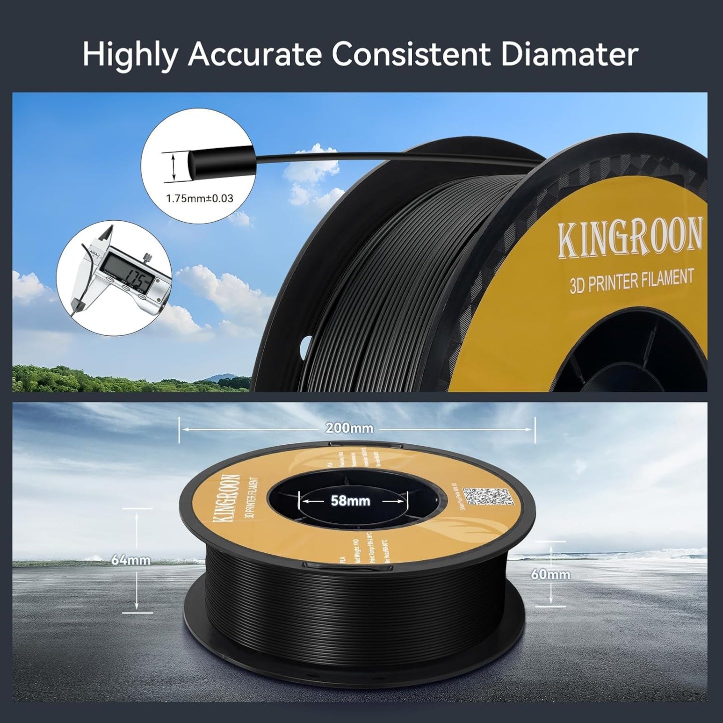 Kingroon Black PLA Filament 1.75mm 3D Printer Filament Pla Filament 1kg Filament Dimensional Accuracy +/- 0.02mm, Fit Most FDM Printer