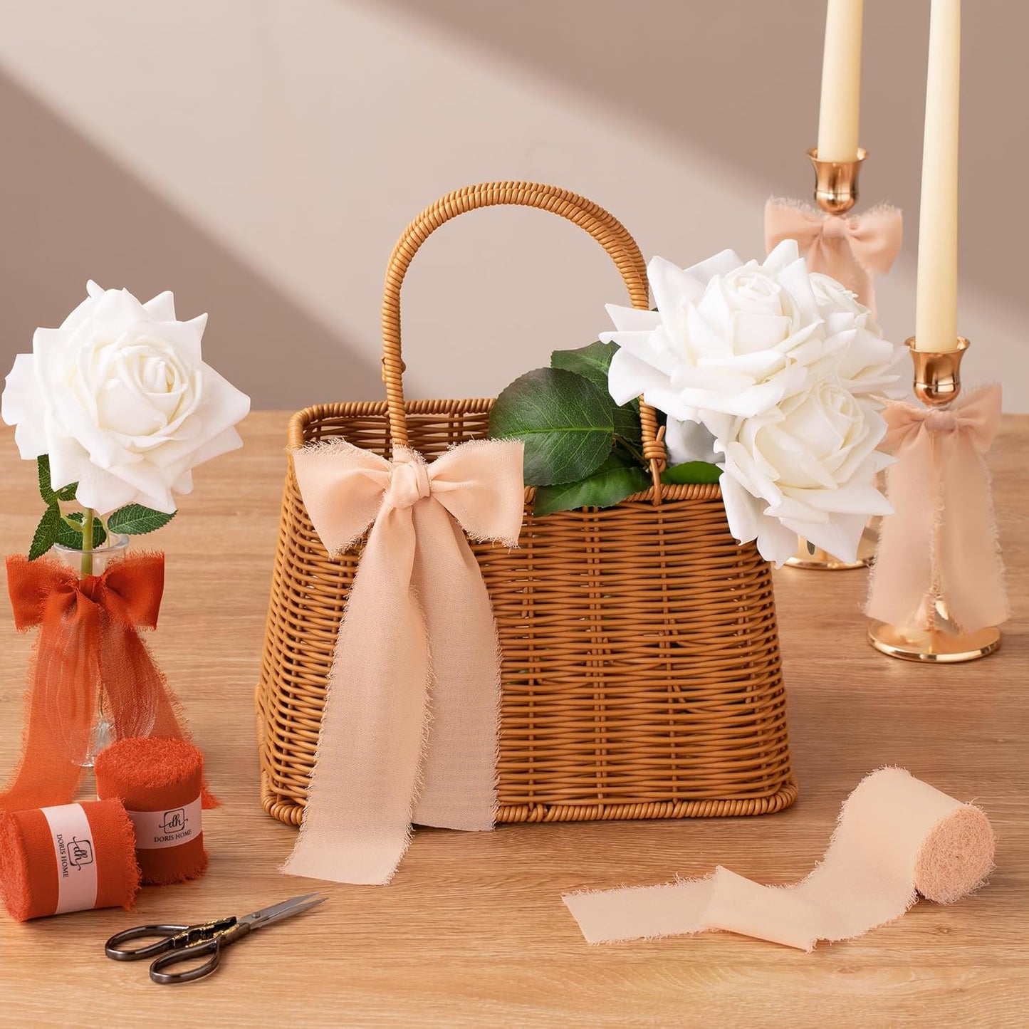 DORIS HOME 2" x21Yd Chiffon Ribbon for Flower Bouquet, Orange & Cream Fabric Ribbon for Gift Wrapping, Handmade Frayed Ribbon for Wedding/Christmas Decorations