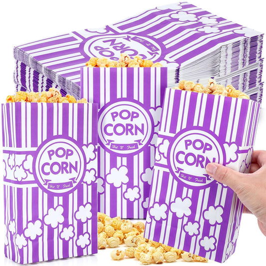 Leinuosen 200 Pcs Paper Popcorn Bags Bulk 2 oz Large Flat Bottom Boxes Disposable Container Sleeve Movie Night Popcorn Bucket for Retro Movie Themed Party Carnival Supplies (Purple)