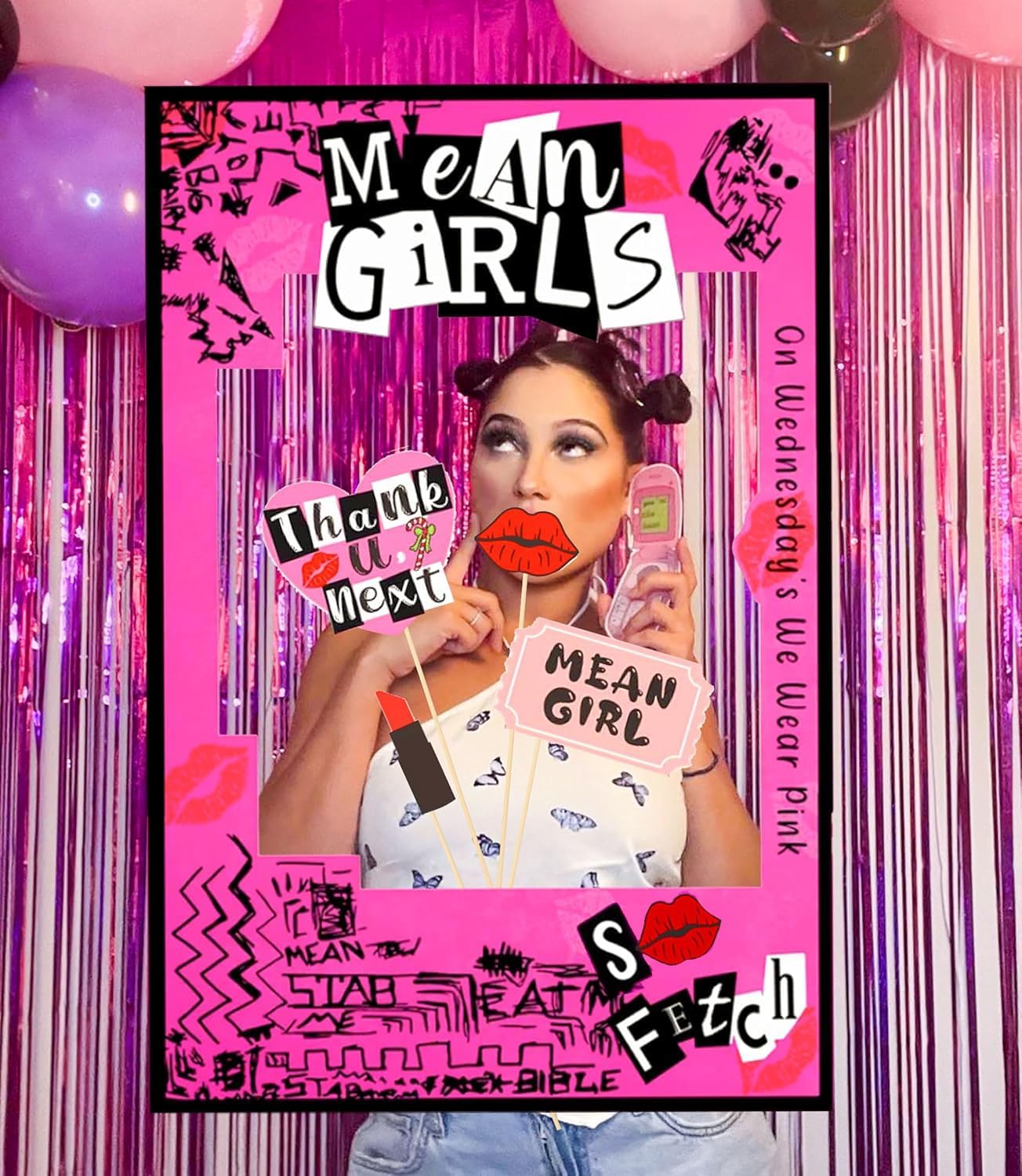 LaVenty Mean Girls Party Photo Booth Props Frame Mean Girls Party Decoration Y2k Birthday Party Decorations Hot Pink Girl Birthday Party Supplies