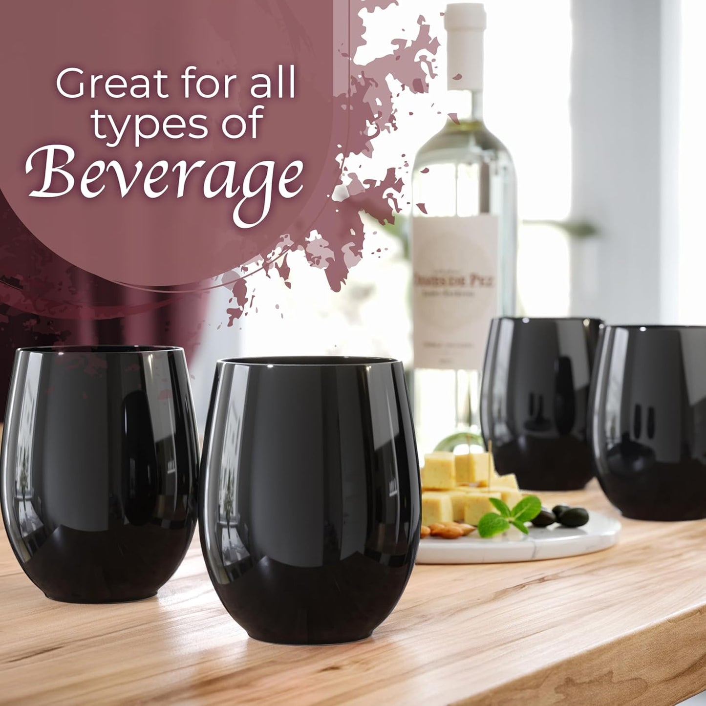 Exquisite 48 Pcs Unbreakable Stemless Plastic Wine Glasses Disposable Wine Glasses Stemless 12 Oz Black Plastic Cocktail Cups Black Party Cups Disposable Cocktail Glass Weddings & Events