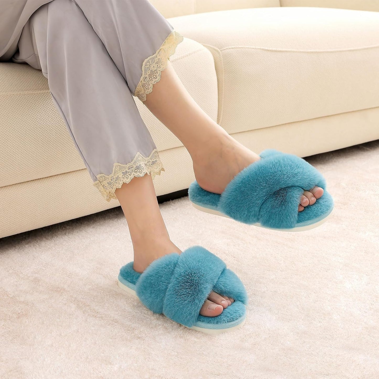 Evshine Women's Fuzzy Slippers Cross Band Memory Foam House Slippers Open Toe
