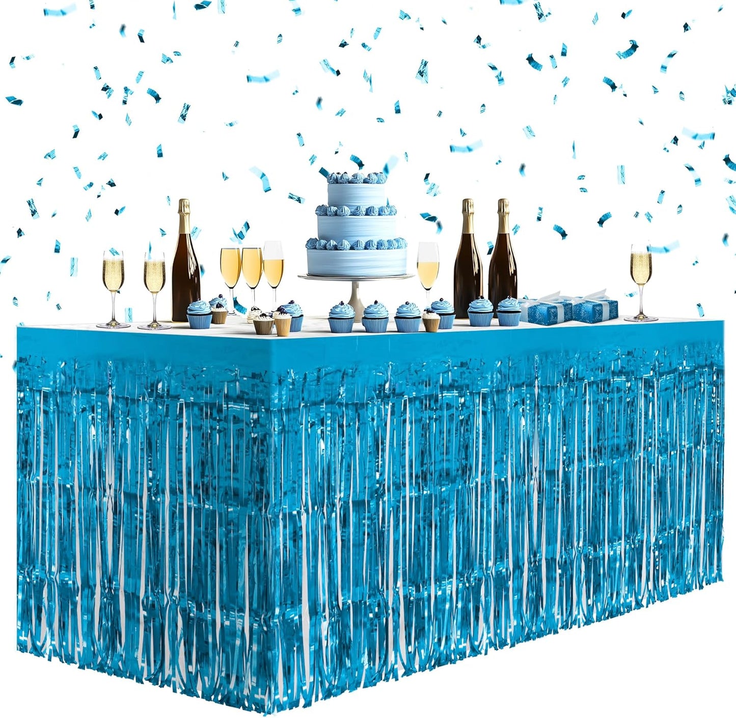 8 Pack Lake Blue Table Skirts, 29x108" Metallic Foil Tinsel Fringe Table Skirts for Rectangle Tables Streamer Curtains Backdrop, Party Decorations for Birthdays Weddings Holidays