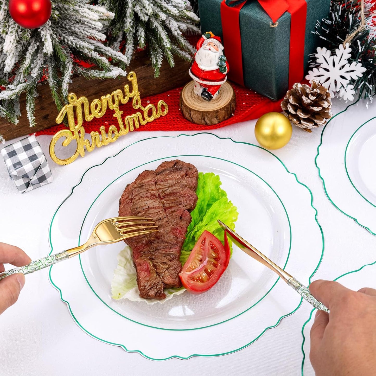 Liacere 150PCS Clear and Green Plastic Plates - Disposable Plates with Glitter Bamboo Handle Cutlery - 60 Baroque Elegant Plates,30Forks,30Spoons,30Knives for Christmas