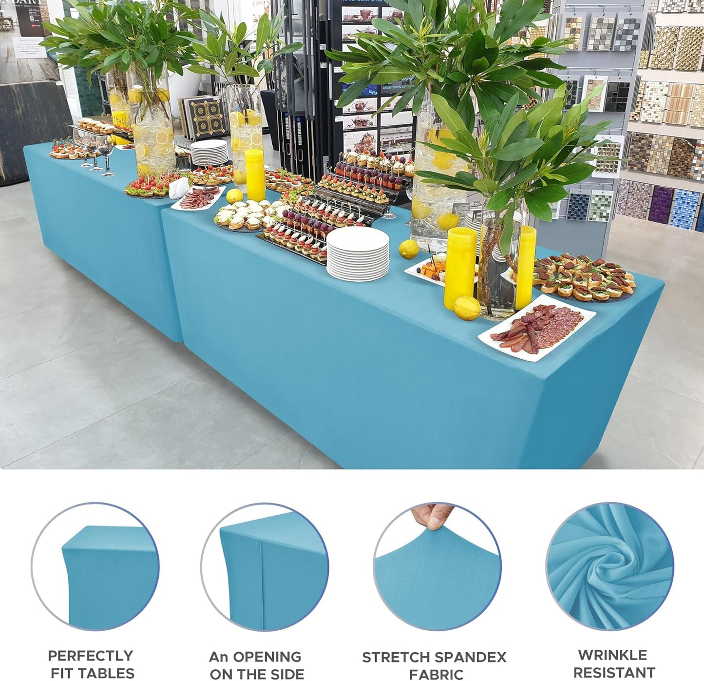 Nasitos Spandex Fitted Table Clothes, 2 Pack - 48 x 24 Inch - Turquoise Rectangle Tablecloths for 4 Foot Tables, Fabric Table Cover Protector for Folding Table, Parties, Craft Show, Trade Show