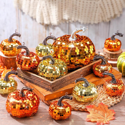 Lenwen 12 Pcs Artificial Disco Pumpkin Glitter Mirror Pumpkin for Decorating Fall Farmhouse Hanging Ornament Harvest Decor for Halloween Thanksgiving Table Centerpiece(Orange, Gold, Dark Gold)