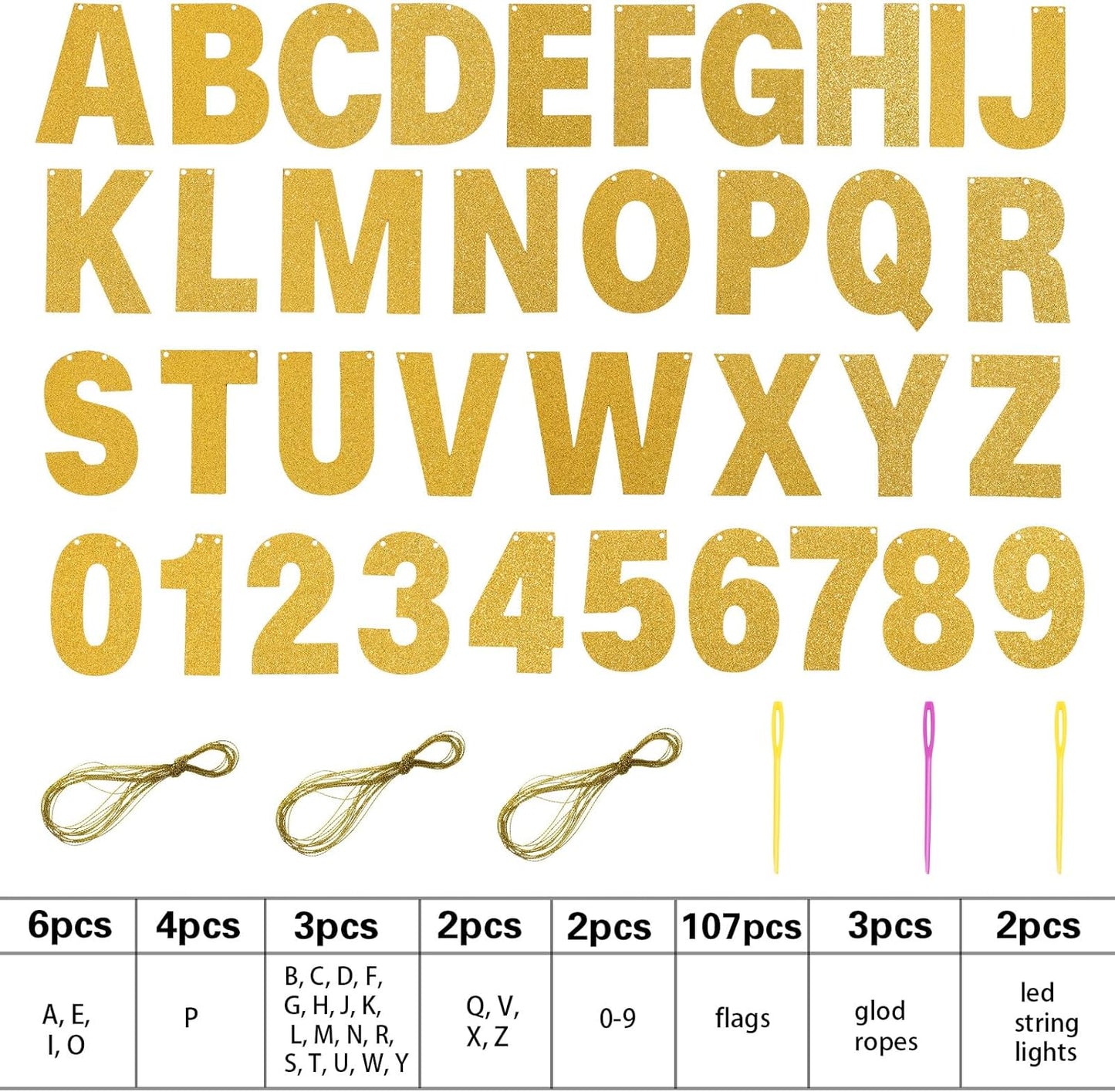 TaoBary 112 Pcs DIY Letter Kit Glitter Customizable Banner Letters Include 107 Letters and Numbers 3 Rope and 2 Needles for Birthday Halloween Christmas Wedding Valentine Party Decor(Gold)