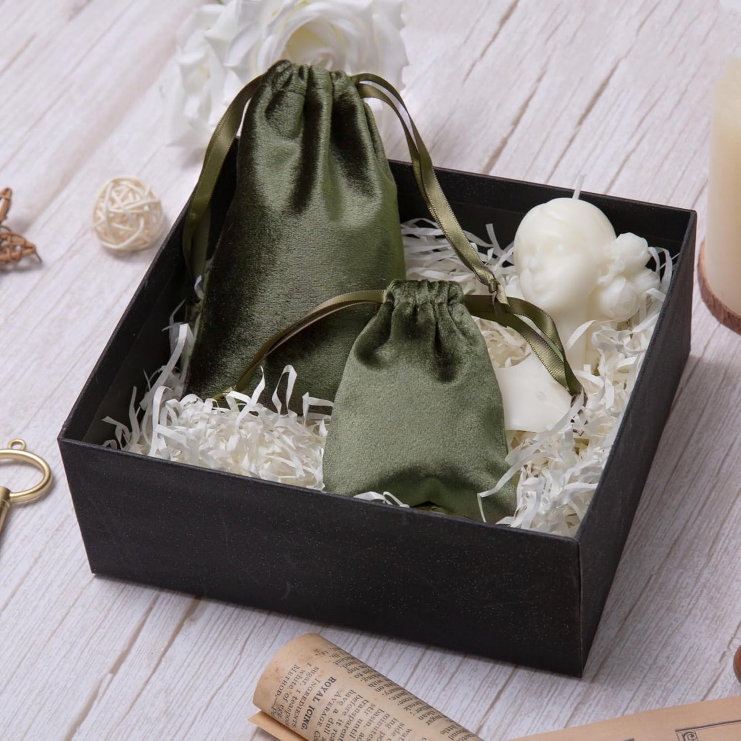 QIANF 12pcs Moss Green Velvet Drawstring Bags 3x4 inches Glossy Small Velvet Cloth Gift Bags Jewelry Pouches for Jewelry Storage Wedding Party Favor Christmas