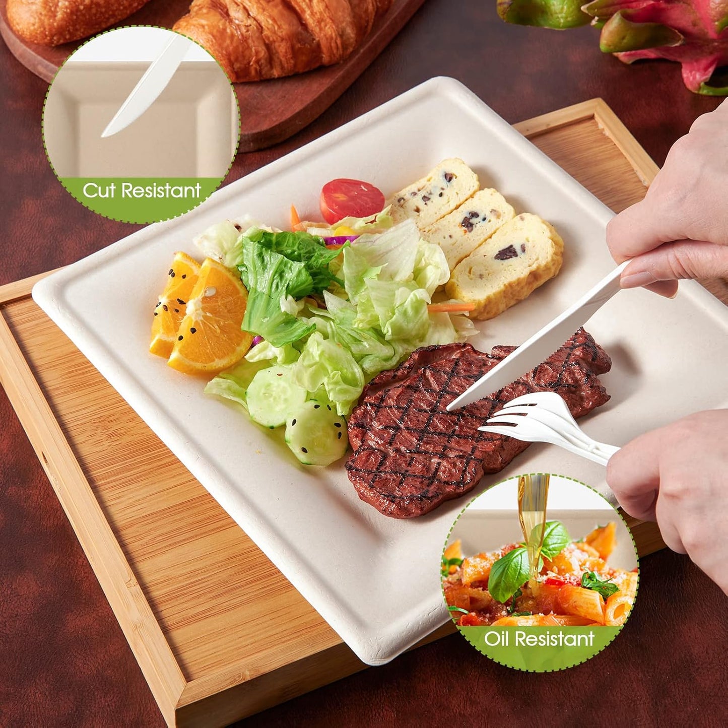 ECOLipak 100 Pack Compostable Square Plates, 10 inch Disposable Paper Plates Made of Sugacane, Eco-friendly Heavy Duty Biodegradable